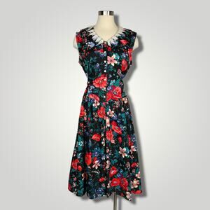Vintage 1980s Midi Dress Dramatic Floral Lace Collar Sleeveless Red Black A1022